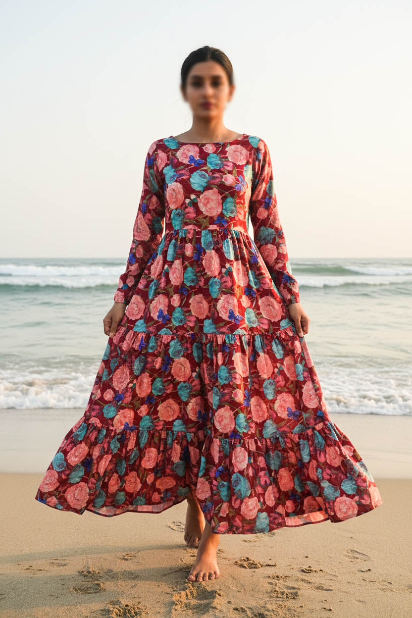 Maxi Regular Midi Dress-Burgundy Botanica