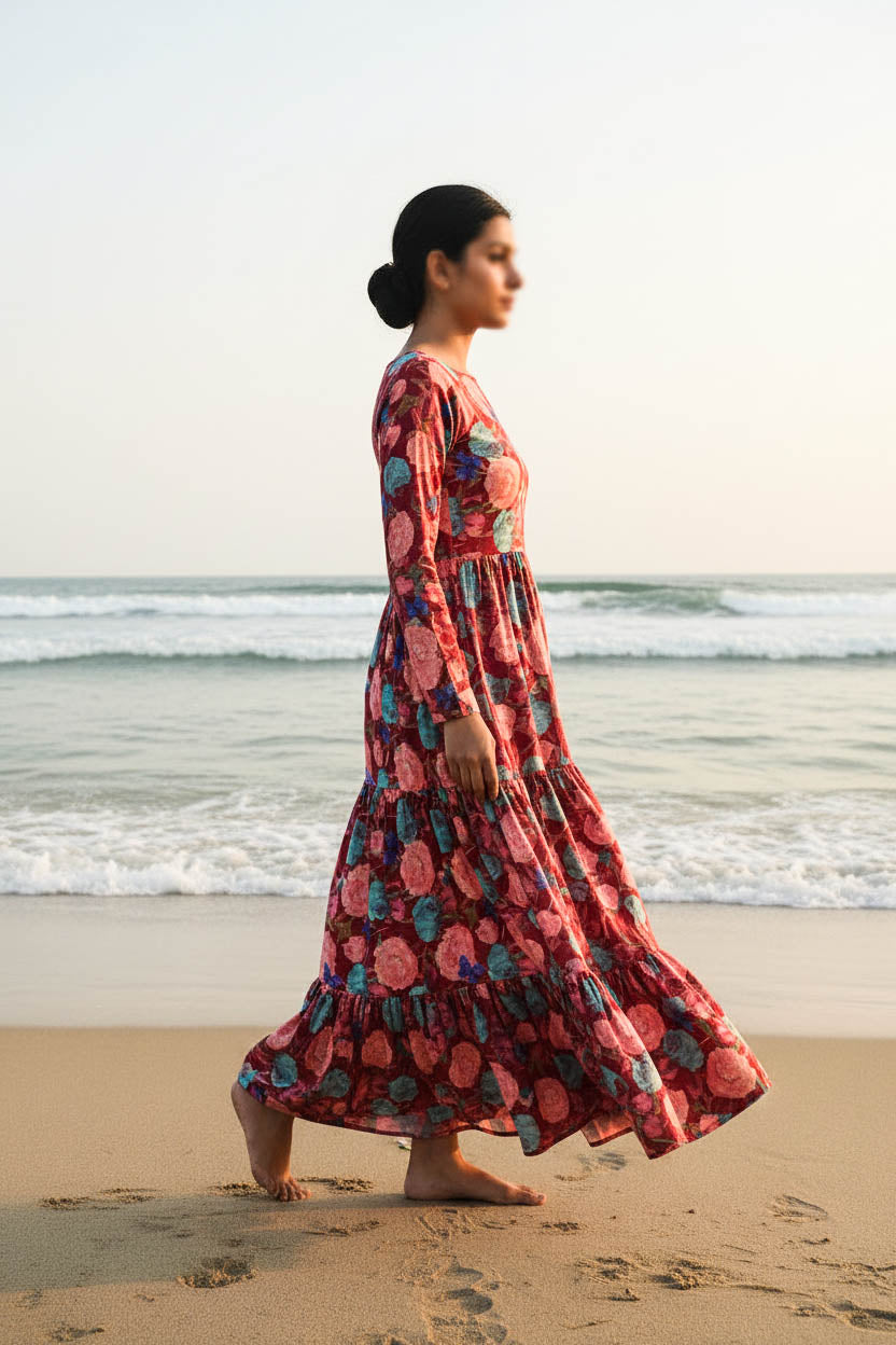 Maxi Regular Midi Dress-Burgundy Botanica