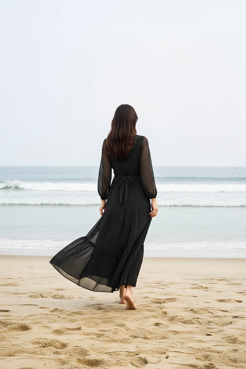 Maxi Regular Midi Dress-Black Micro Dot