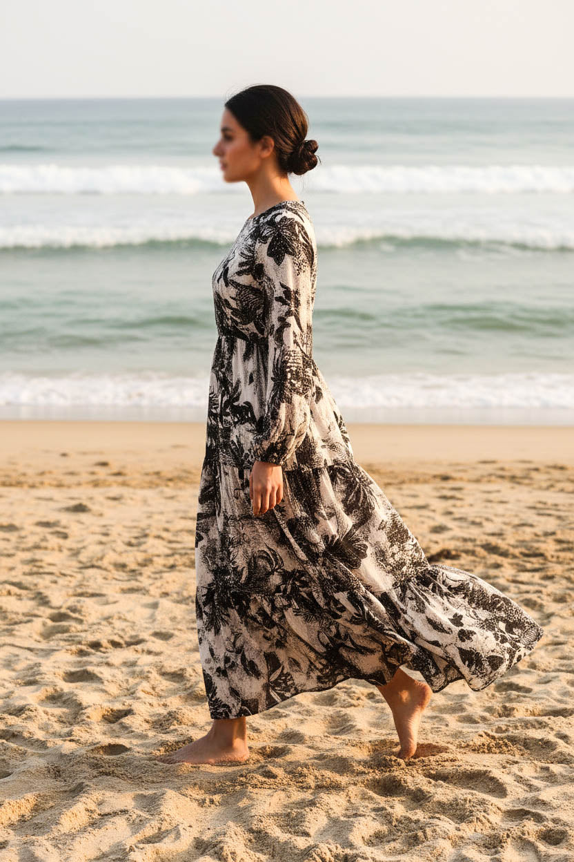 Maxi Regular Midi Dress-Monochrome Jungle