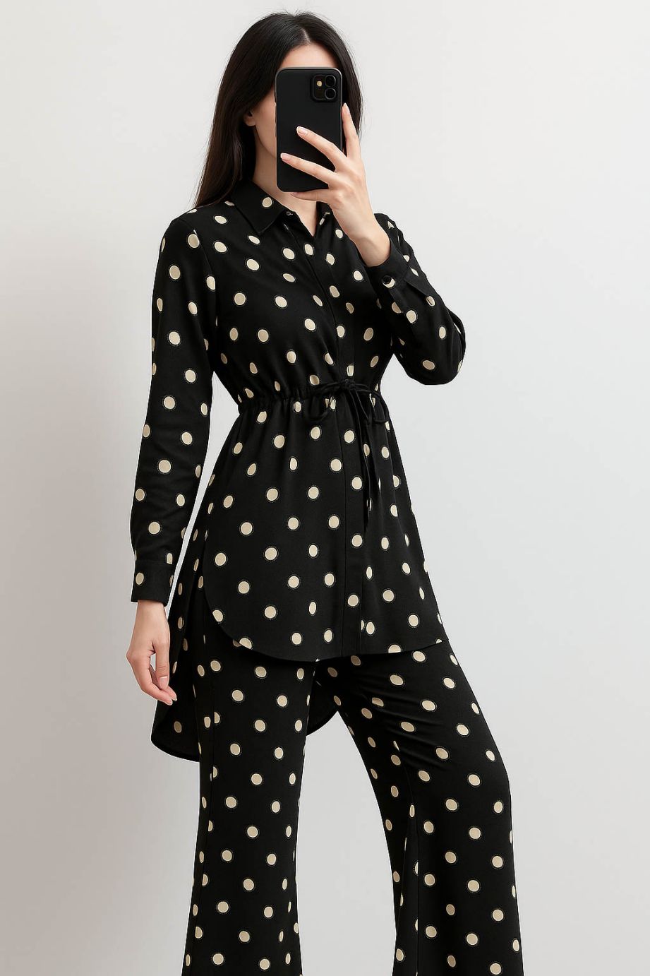 Co-Ord Set Collar Neck-Black Polka Dot