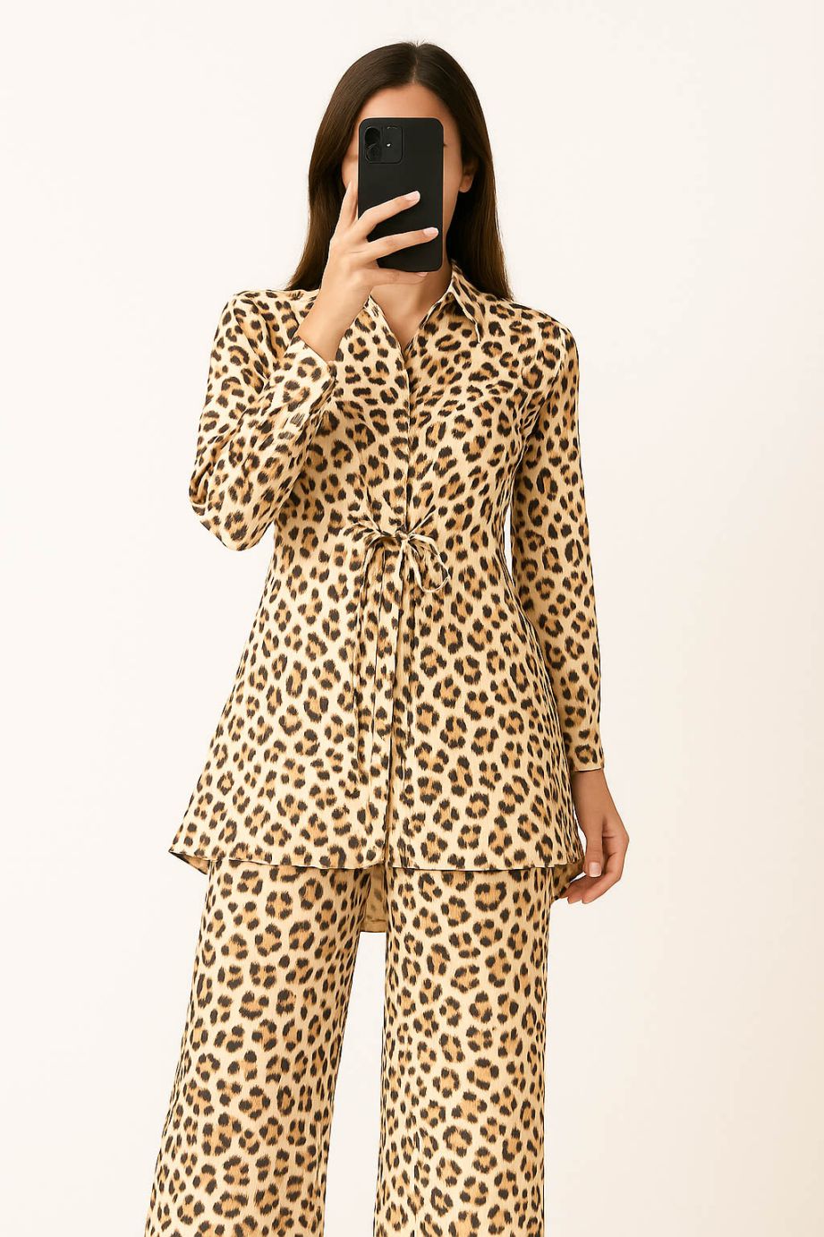 Co-Ord Set Collar Neck-Beige Tiger print