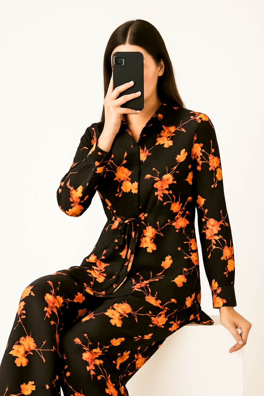 Co-Ord Set Collar Neck-Brown Floral