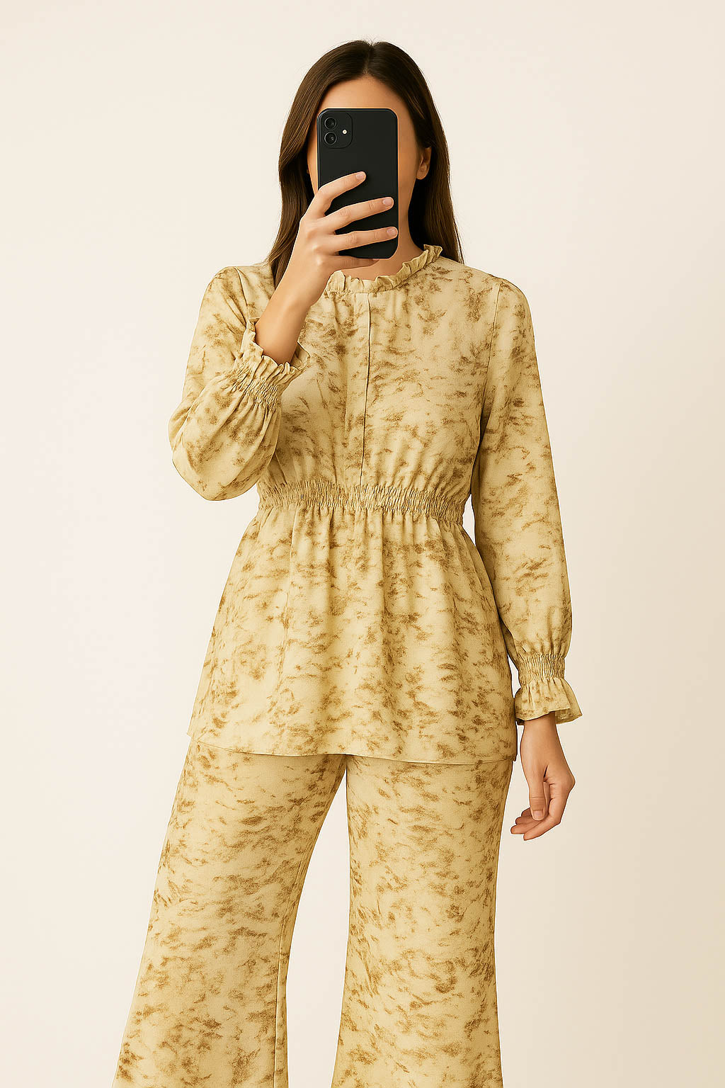 Co-Ord Set Frilled Neck-Beige Print