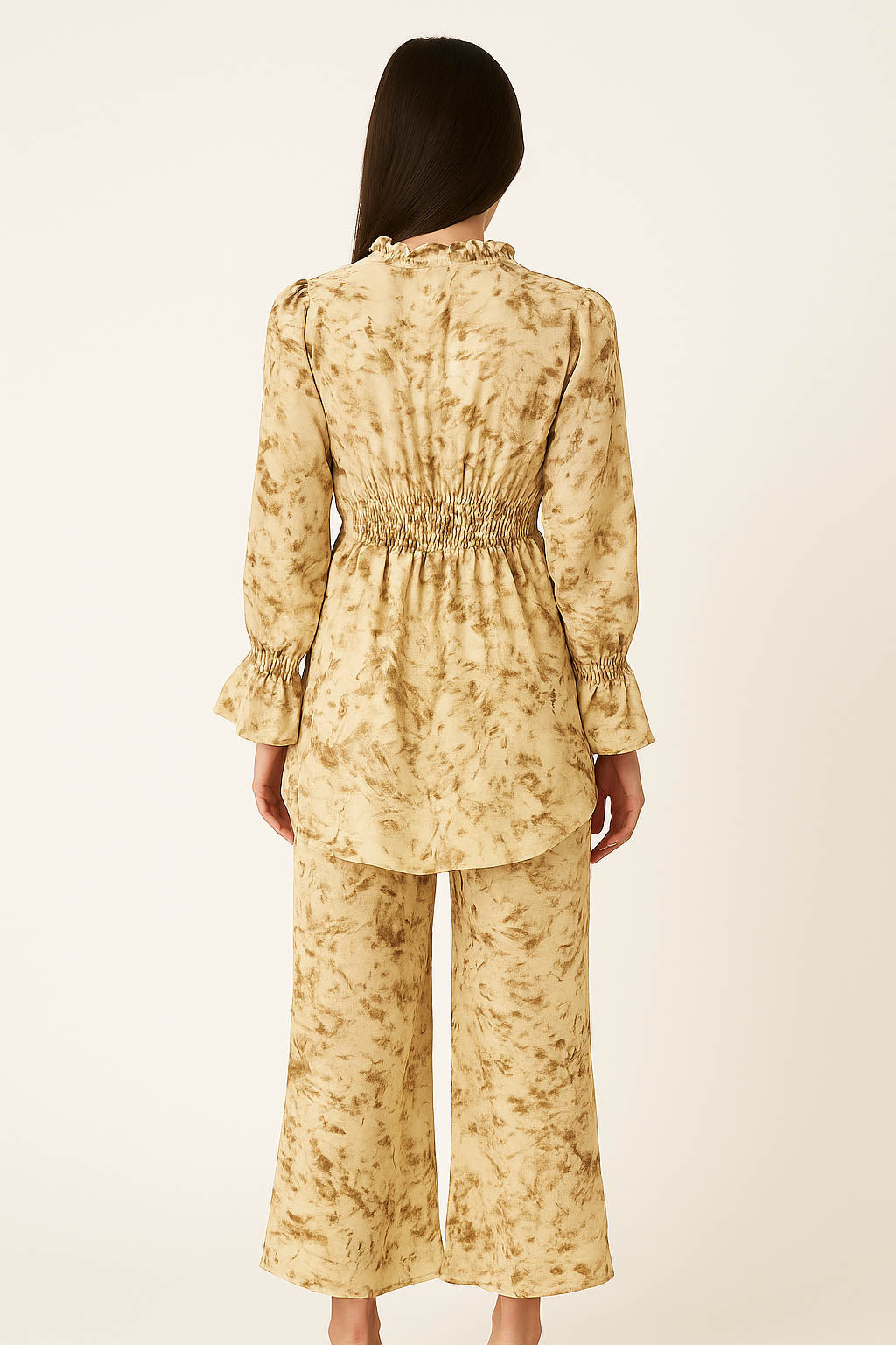 Co-Ord Set Frilled Neck-Beige Print