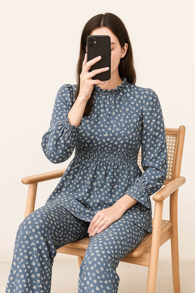 Co-Ord Set Frilled Neck-Grey Printed