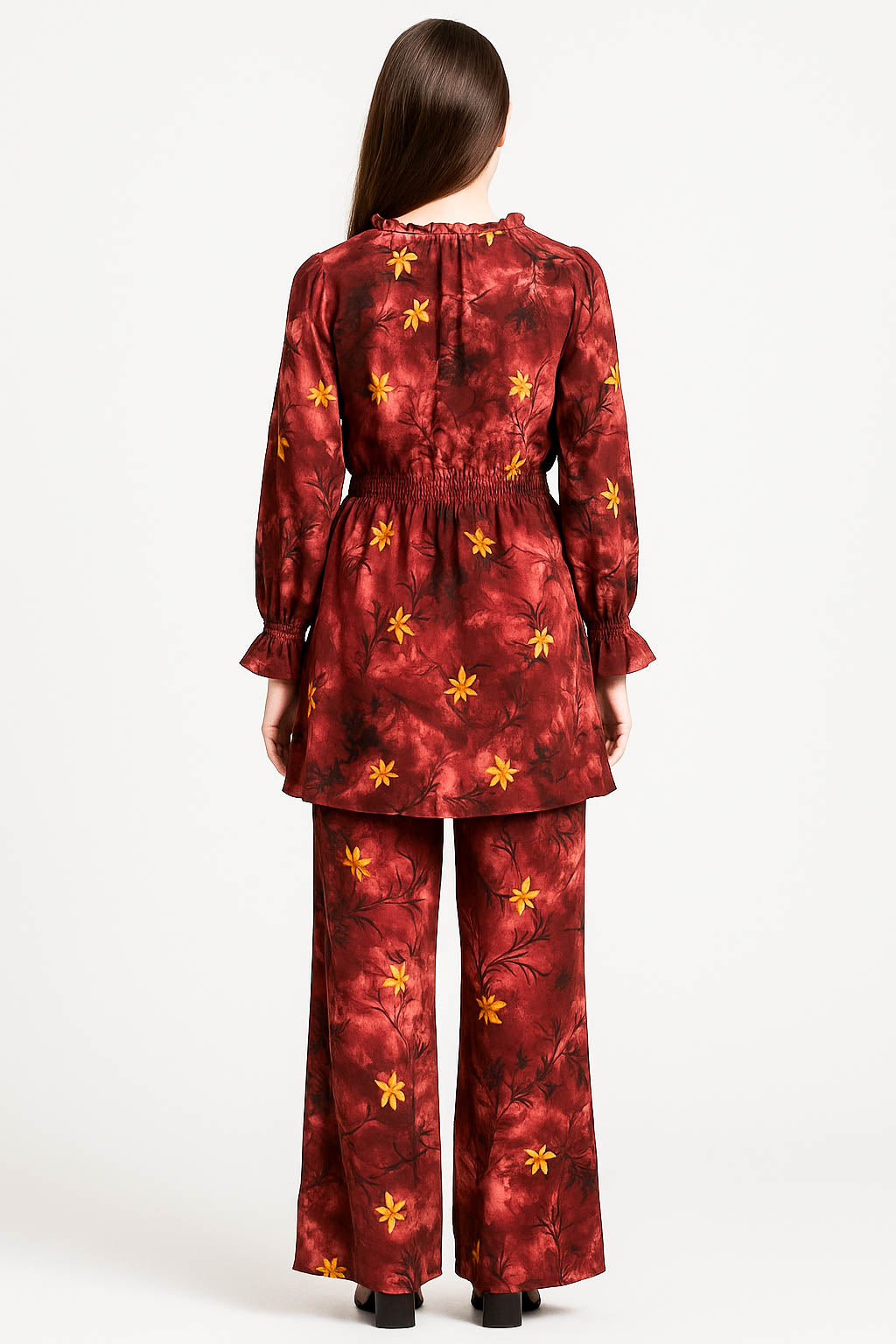 Co-Ord Set Frilled Neck-Deep Maroon