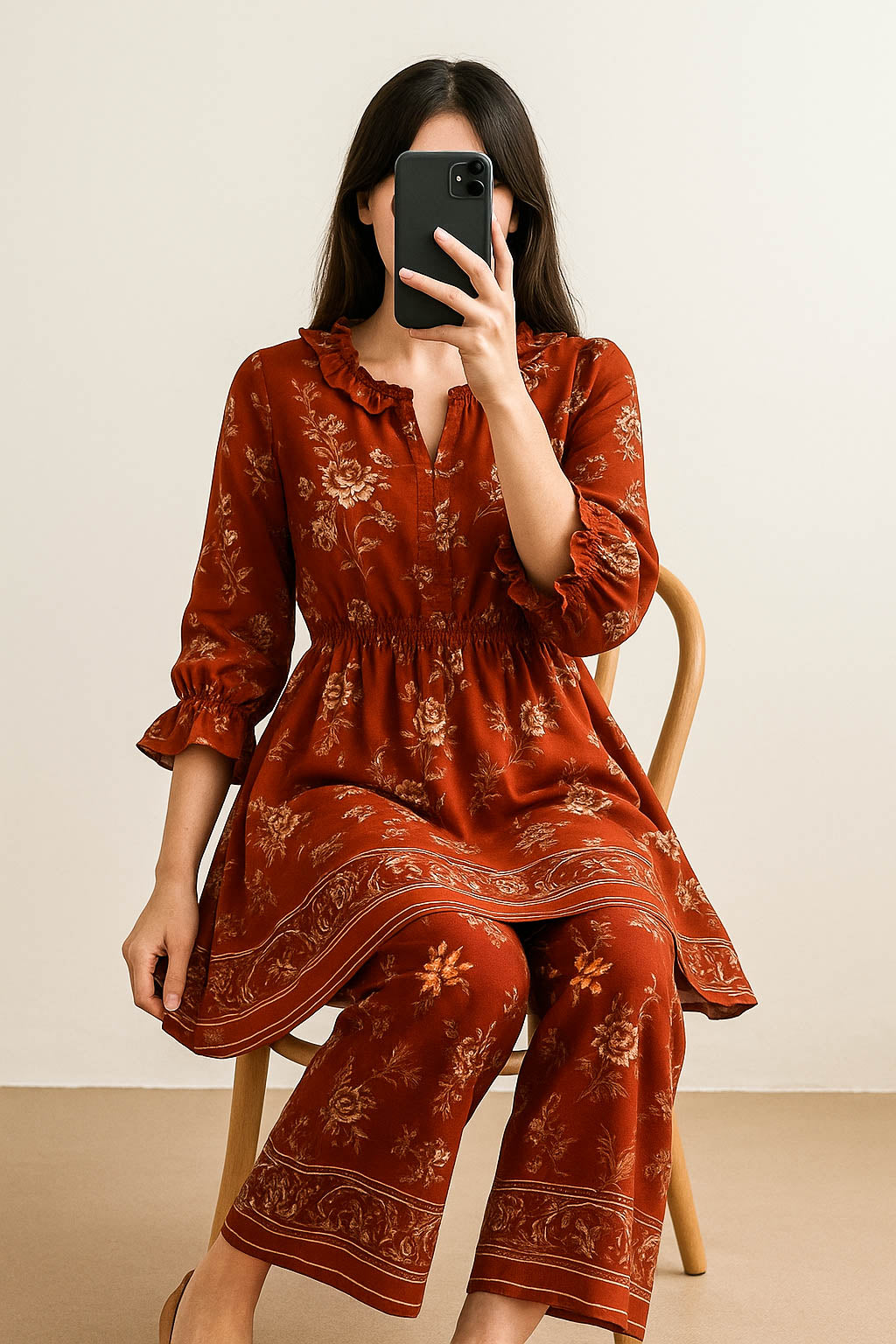 Co-Ord Set Frilled Neck-Rusty border