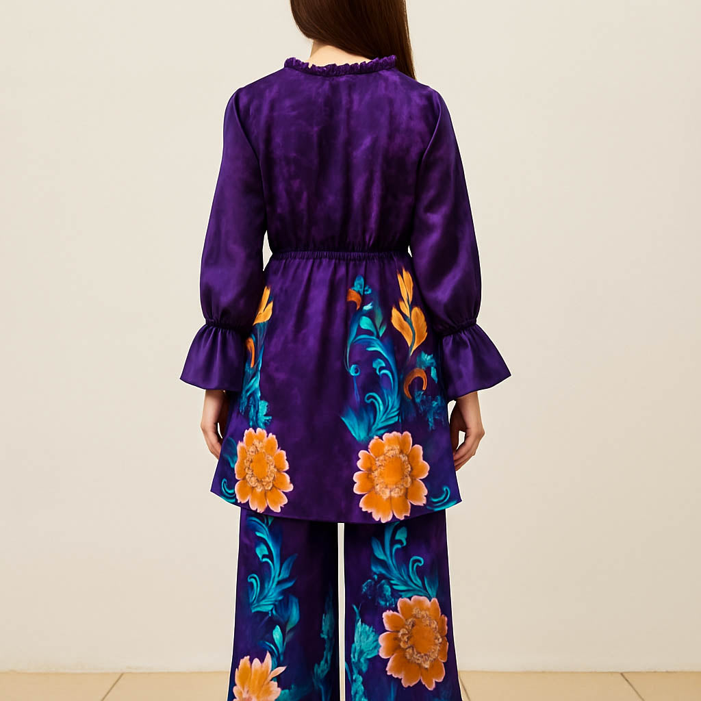 Co-Ord Set Frilled Neck-Plum Border