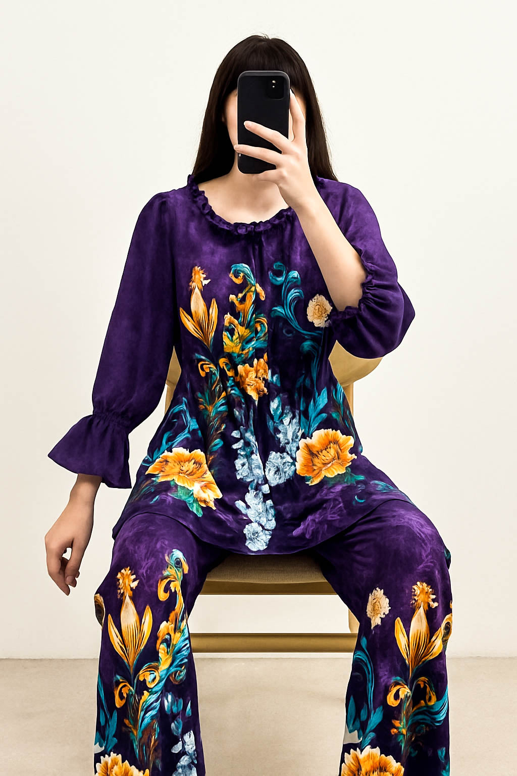 Co-Ord Set Frilled Neck-Plum Border