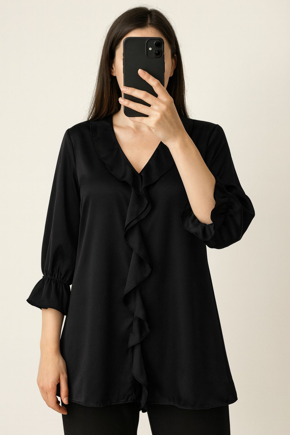 Ruffled Frilled Top-Metallic Black