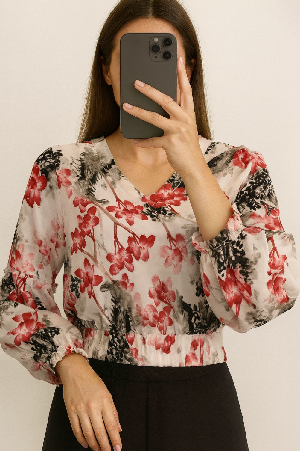 Crop Top Waist Grip-Black & Maroon Floral