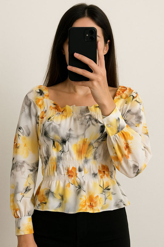 Crop Top Ruffle Neck-Off White Print