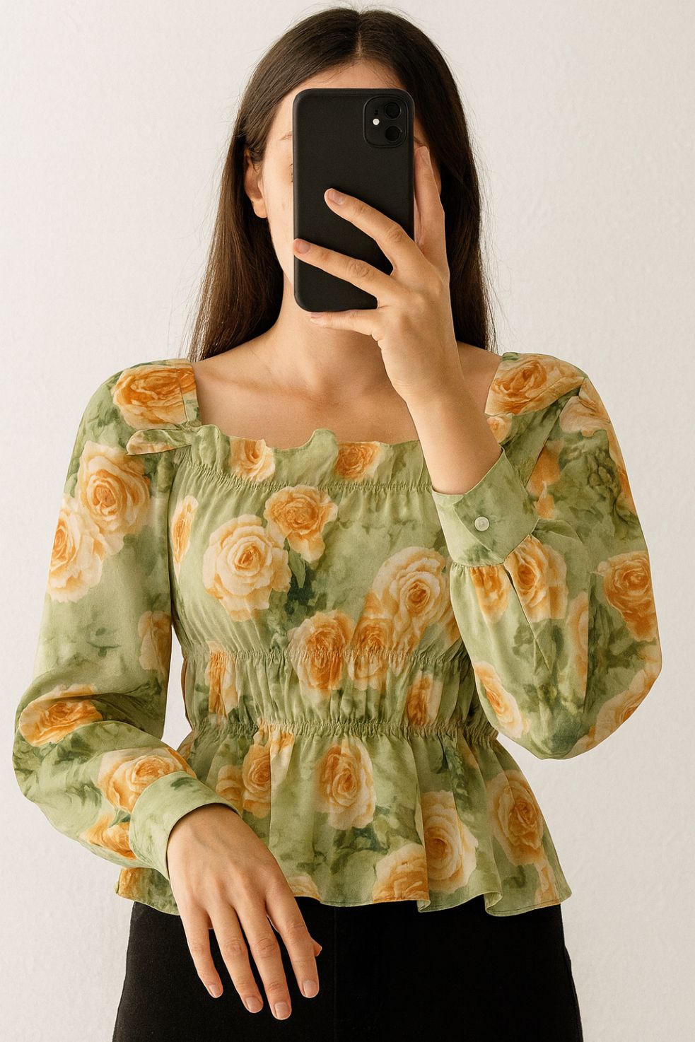 Crop Top Ruffle Neck-Tea Green Floral