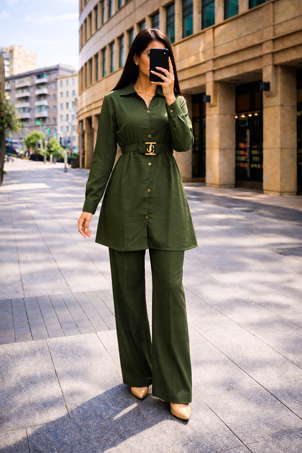 Co-Ord Set Buckle Collar-Olive Green