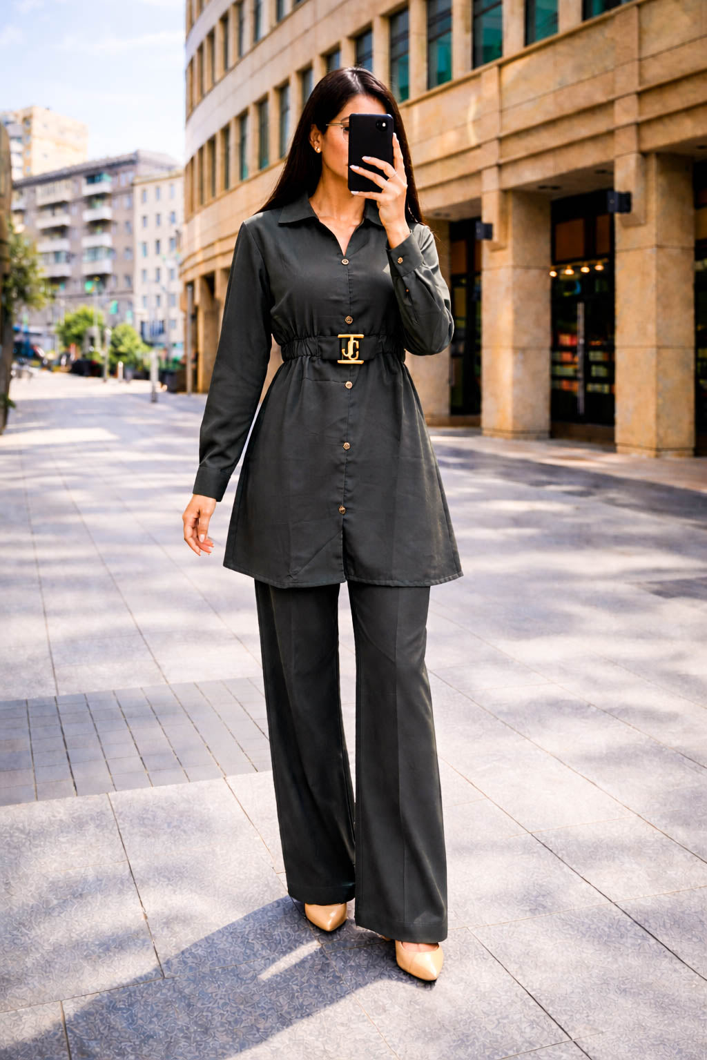 Co-Ord Set Buckle Collar-Charcoal Grey