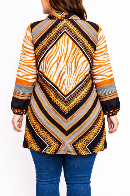 Coller Neck Plus Size Top-Geometric Safari Print