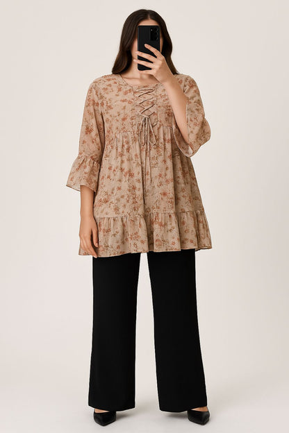 Co-Ord Set Lace-Up Top Beige