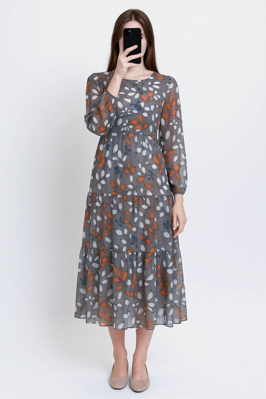 Maxi Regular Midi Dress-Leaf On Grey