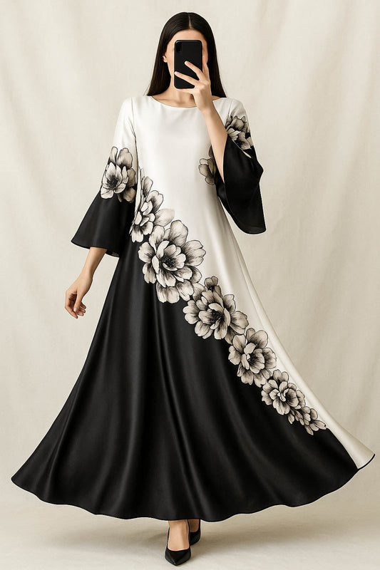 Bold Blossom Silk Maxi-Monochrome Floral Diagonal Print