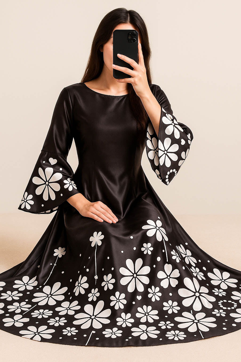 Bold Blossom Silk Maxi-Black & White Floral Pop