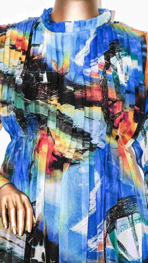 Chiffon Pleated Top-Abstract Blue