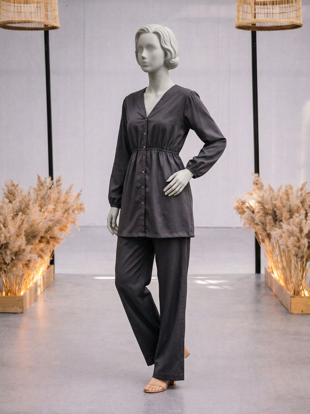 Co-Ord Set V Button Neck-Charcoal Grey