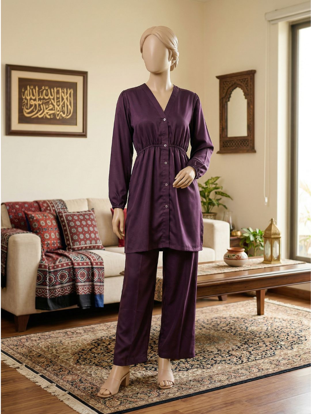 Co-Ord Set V Button Neck-Megenta