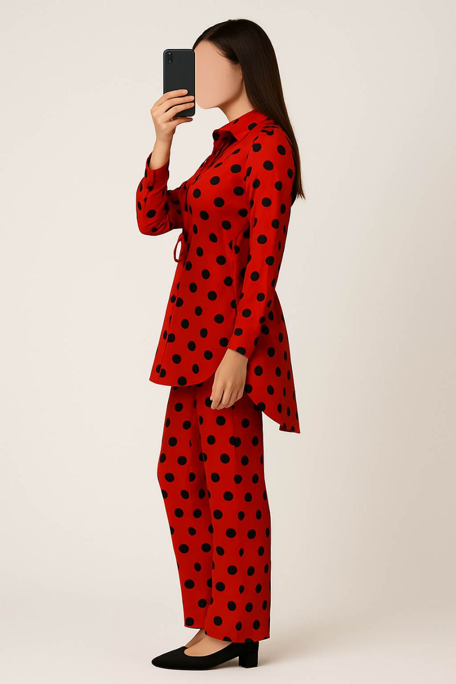 Co-Ord Set Collar Neck-Red Polka Dot