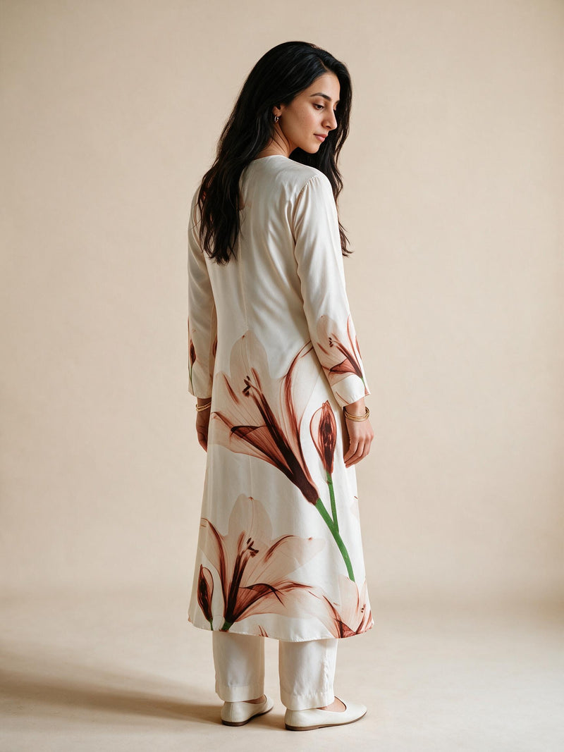 Sienna Lily Silk Maxi — ivory silk with terracotta lily print